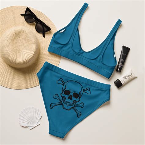 Pirate Skull Crossbones High Waisted Bikini Set Nautical Recycled Bikini Pin Up Swimsuit Eco