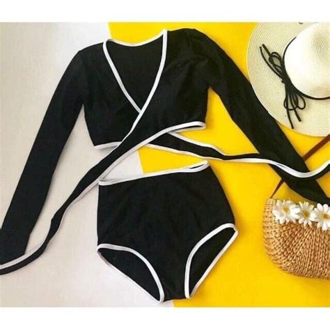 Bộ đồ bơi Bikini dài tay thắt nơ điệu tuỳ ý quần cạp cao giấu mông kín đáo tôn dáng Kèm