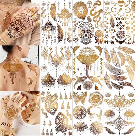 Buy Coktak 9 Sheets 88 Designs Large Gold Metallic Temporary Tattoos For Women Boobs Girls