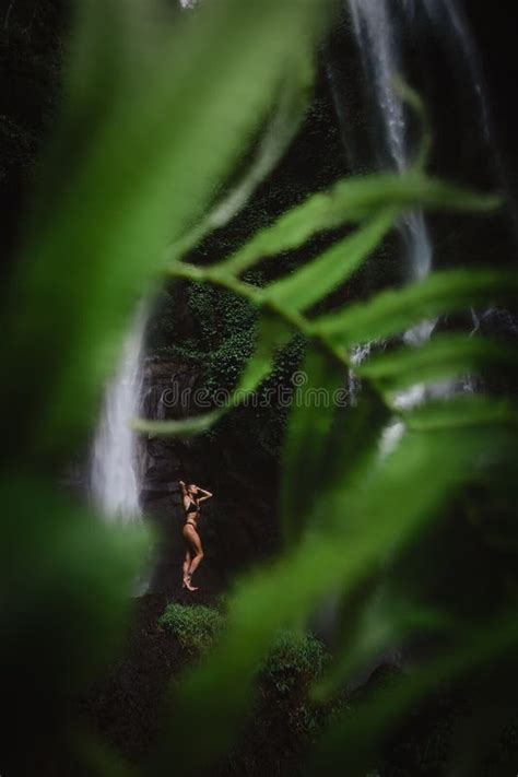 Mujer Joven Hermosa En El Bikini Que Se Relaja Delante De La Cascada Muchacha Del Viaje De La