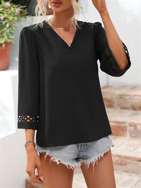 SHEIN LUNE Contrast Guipure Lace Puff Sleeve Blouse SHEIN USA