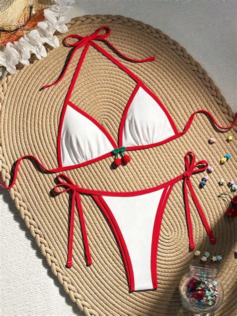 Swim Mod Women S Holiday Colorblock D Cherry Decorated Halter Neck Tie Sexy Bikini Set Summer