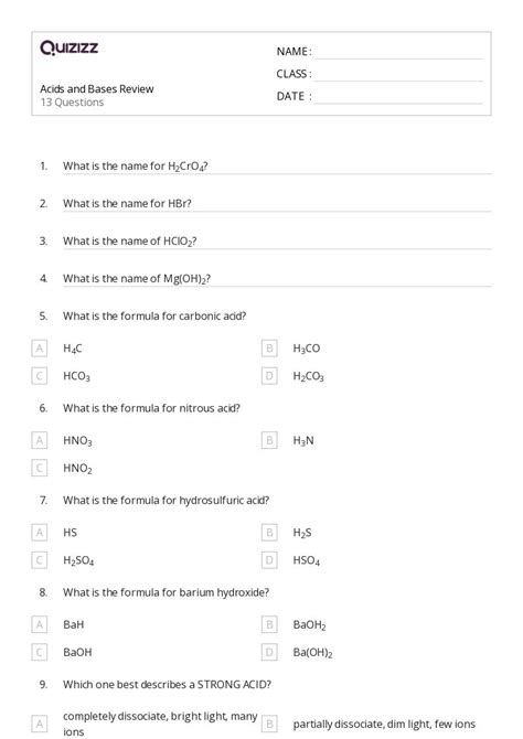 Acids And Bases Worksheets For Th Class On Quizizz Free Printable