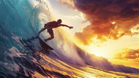 Surfer Riding A Wave At Sunset Premium Ai Generated Image