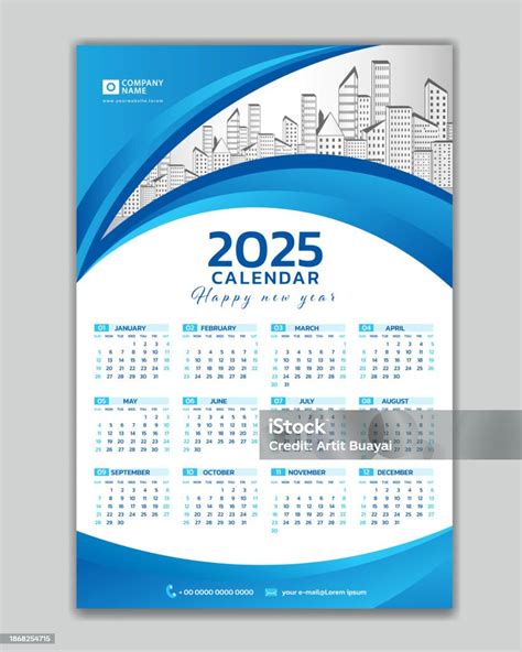 Vektor Template Dinding Kalender 2025 Tahun Biru Dengan Tempat Untuk