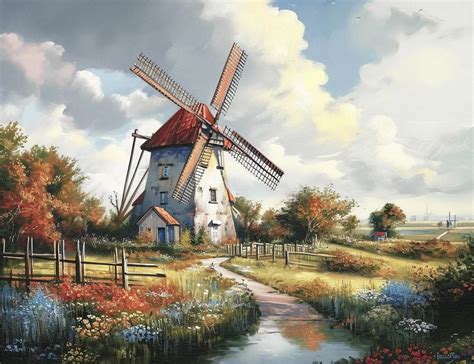 Full Dutch Windmill Painting in a Scenic Field Update