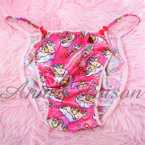 Anias Sissy Pink Satin String Bikini Baby Rainbow Unicorn Girly Print Shiny Wetlook Mens