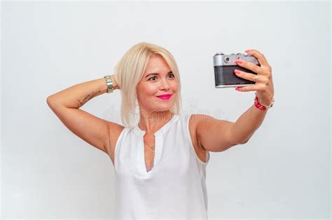 Blonde With A Camera Smiling Woman Taking Selfie Stock Image Image Of Femininity Photograph