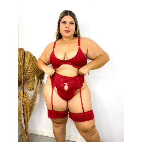 Conjunto Cleo Plus Size Sexy Cinta Liga Renda Lingerie Suti Reforcado Sem Bojo Aro