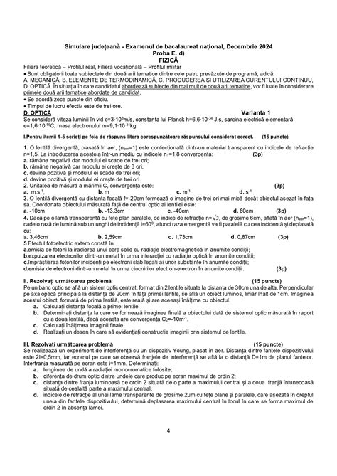 Model test de antrenament și barem de rezolvare la Fizică pentru