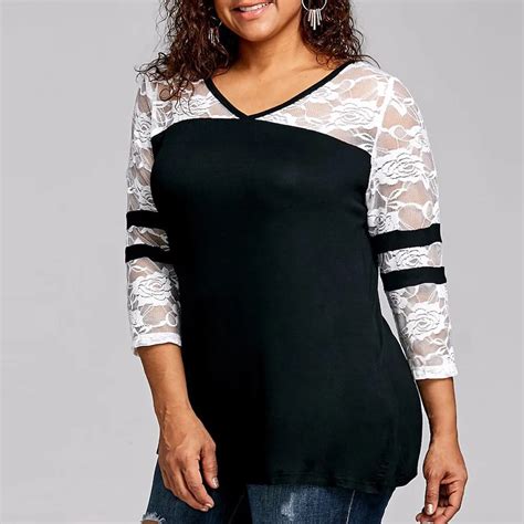 Plus Size Cutwork Lace Up Trim Loose Blouse Shirt Women Casual Long