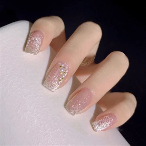 Amazon Short Square Press On Nails Nude Glitter Fake Nails Shiny Bling Acrylic False Nails