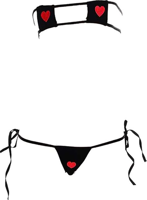 Ibakom Women S Micro Bikini Lingerie Set Sexy Strappy Heart Print Tiny Bra Mini G String Tie