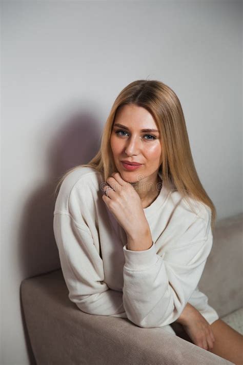 Beautiful Glamour Long Hair Woman Posing For Camera Photographer Wearing White Sweater On Naked