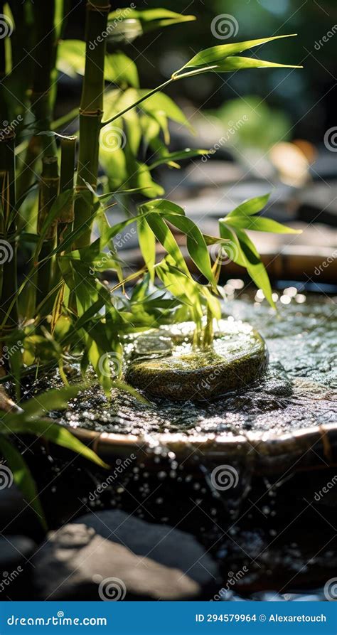 Decorative Pond with a Fountain and Bamboo Shoots Stock Illustration ...