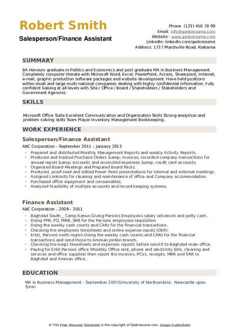 finance assistant resume samples qwikresume