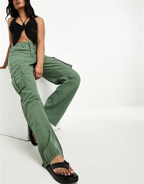 Bershka Straight Leg Cargo Pants In Khaki Asos
