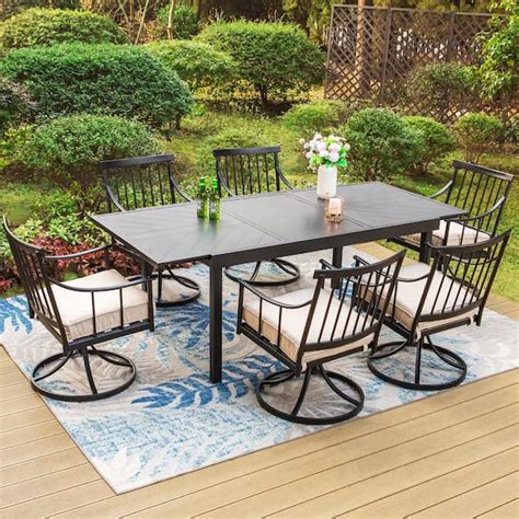 PHI VILLA 7 Piece Metal Patio Outdoor Dining Set With Extensible Carve