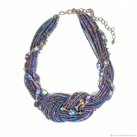 Павлиний Омут Колье бисер натуральные камни синий изумрудный радужный в ...