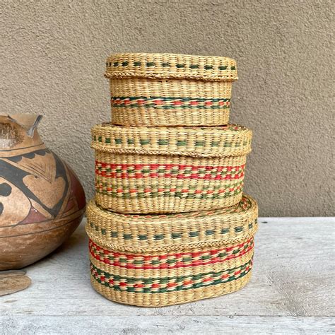 Three Oval Nested Woven Sweetgrass Baskets With Lids Bohemian Decor Stacking Trinket Boxes