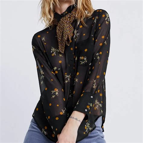 Za Spring Women S Semi Sheer Collar Print Women Blouses Blusa