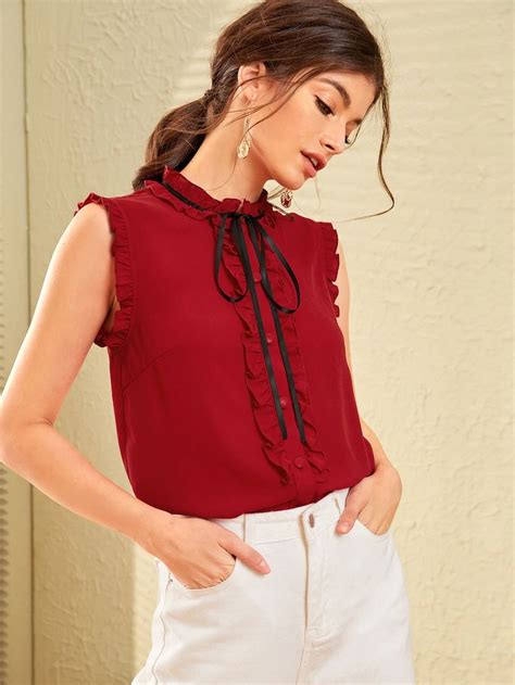 Shein Tie Neck Frilled Trim Button Front Top Button Front Top Neck