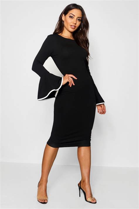 Contrast Flared Sleeve Midi Dress Midi Dress With Sleeves Fashion