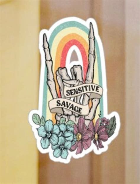 Sensitive Savage Kiss Cut Vinyl Decals Skeleton Hand Sticker Rainbow