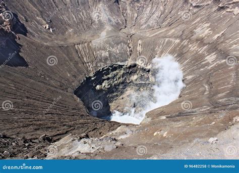 Active Bromo Volcano Mountain Crater Hole Erupt With Sulfur Gas And