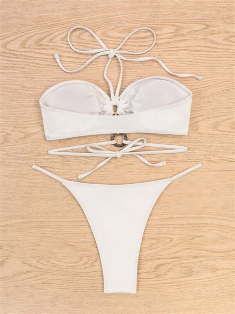 Shein Swim Sxy Conjunto De Bikini Unicolor Sujetador Halter Enlazado Con Anillo Y Parte Inferior