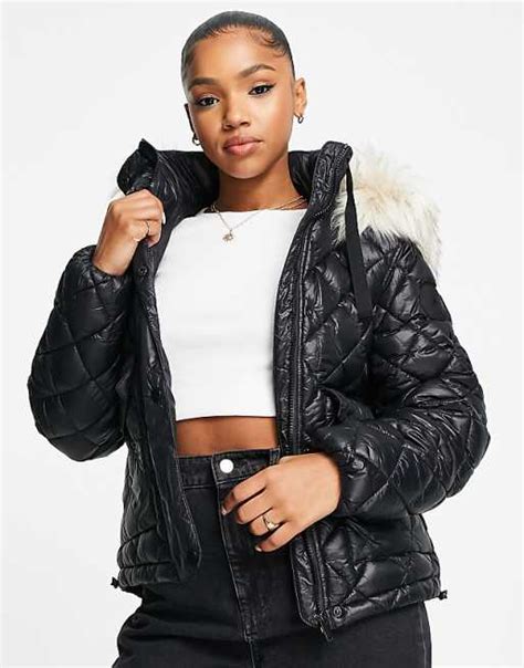 River Island Faux Fur Hood Padded Jacket In Black Asos