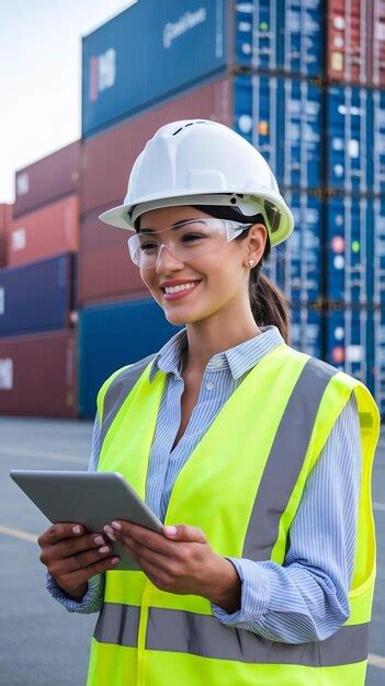 Retrato Sonriente De Una Hermosa Ingeniera Industrial Latina Con Sombrero Blanco De Alta