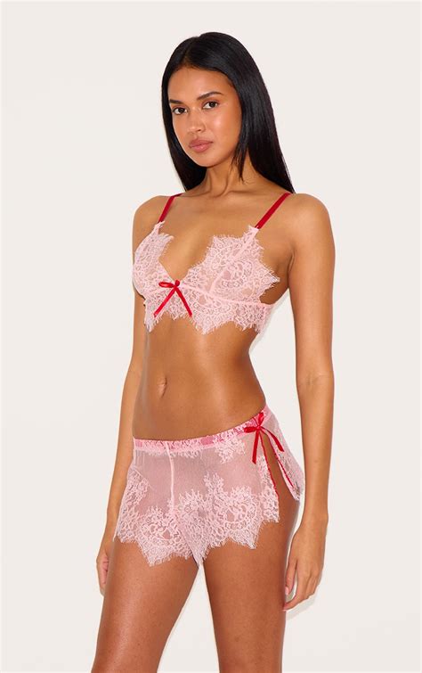 Ensemble De Pyjama En Dentelle Rose À Bordures Contrastantes Lingerie Pyjamas
