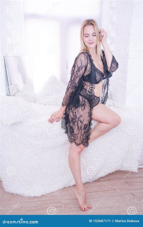 Plus Size Caucasian Woman Dressed In A Beautiful Lace Black Lingerie Stock Image Image Of