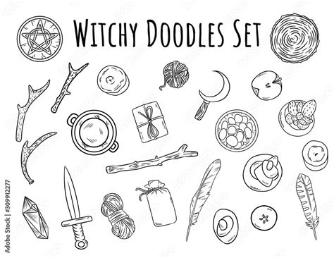 Witchy Doodles Set Collection Of Wiccan Witchcraft Magical Items For