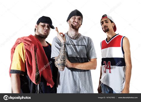 Group of three rappers posing in the photographic studio — Stock Photo ...