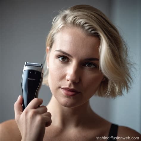 Blonde Woman Shaves Her Own Hair With Electric Razor Stable Diffusion Online