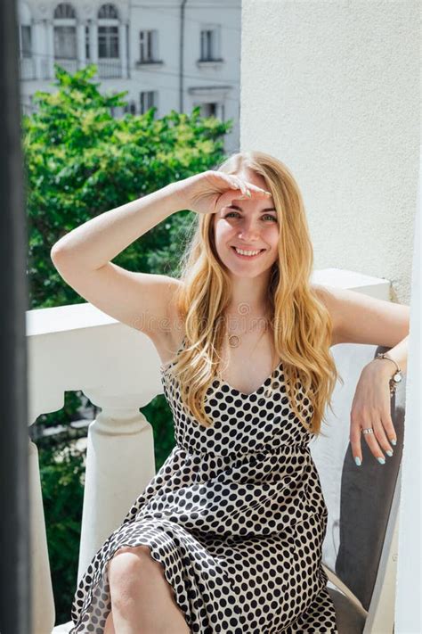 Beautiful Blonde Woman In Polka Dot Summer Dress Stock Photo Image Of Pretty Face