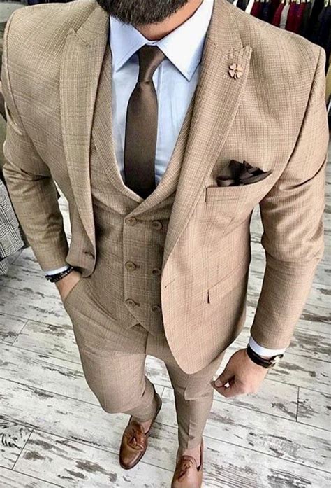 Mens Tan Three Piece Suit With Brown Tie And Brown Dress Shoes