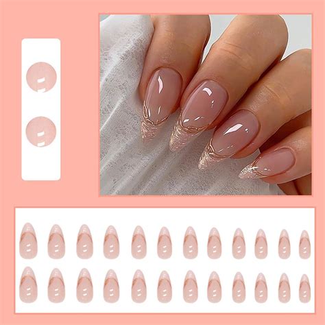 24Pcs Almond French Tip Nude Pink Press On Nails With Glitter Gold Stiletto False Nails For