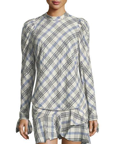 Veronica Beard Isabel Mock Neck Button Down Back Plaid Top Plaid Tops