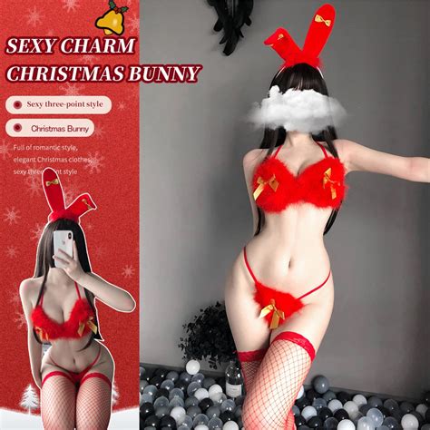 Sexy Christmas Cosplay Costumes Cute Bunny Girl Lingerie For Women Three Point Hanging Neck Bra