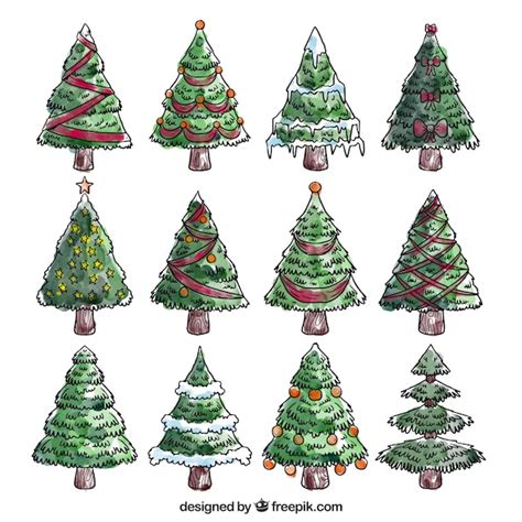 Colección de árboles de navidad pintados a mano Vector Gratis