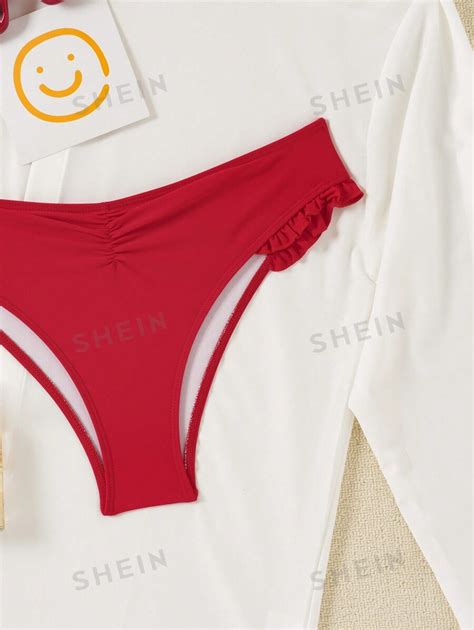 Shein Vcay Women S Plain Simple Daily Swimwear Red Bikini Full Coverage Bottom Shein