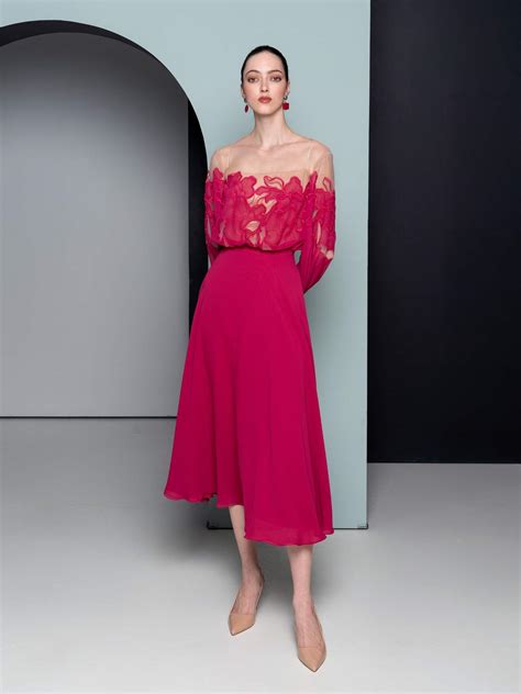 Fuchsia Chiffon Dress with Floral Embroidery