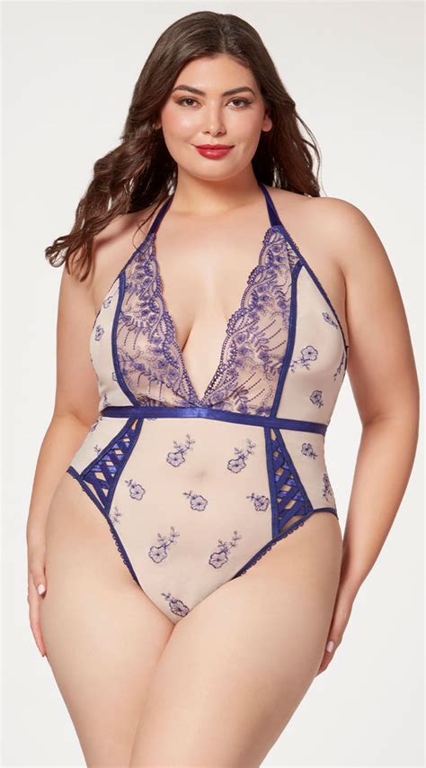 Plus Size Floral Embroidered Nude Teddy Plus Size Colorful Floral Teddy Yandy