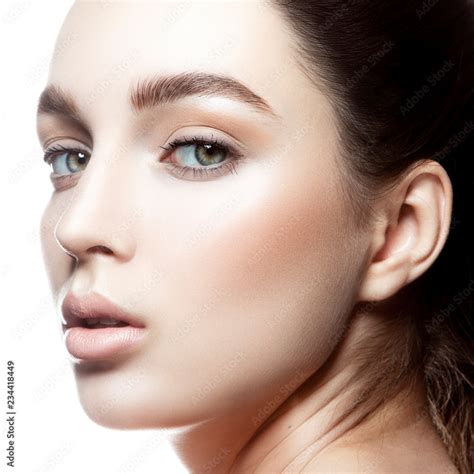 Close Up Beauty Model Girl Prety With Clean Skin Natural Lips Nude Lipstick Make Up Blue Eyes