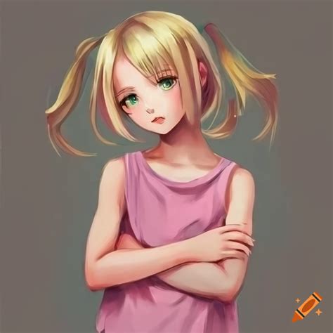 Anime Girl With Blonde Hair And Green Eyes In A Pink Sleeveless T Shirt On Craiyon