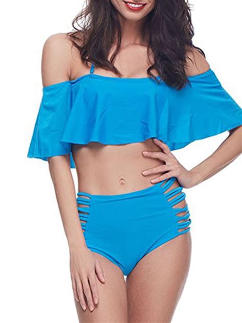 Sayfut Women Two Piece Ruffle Strapless Swimsuit High Waist Swimwear Slimming Bikini Set Bathing