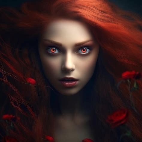 Premium Ai Image A Woman With Red Hair And Red Eyes Is Surrounded By